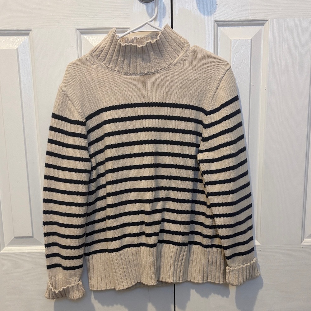J. Crew Cream and Black Striped Turtleneck Sweater